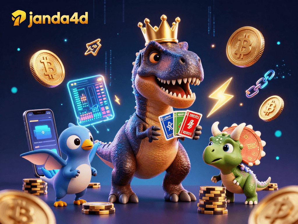 Janda4d menghadirkan T-Rex yang beraksi dengan kartu, dikelilingi oleh koin Bitcoin dan Ethereum yang bersinar.
