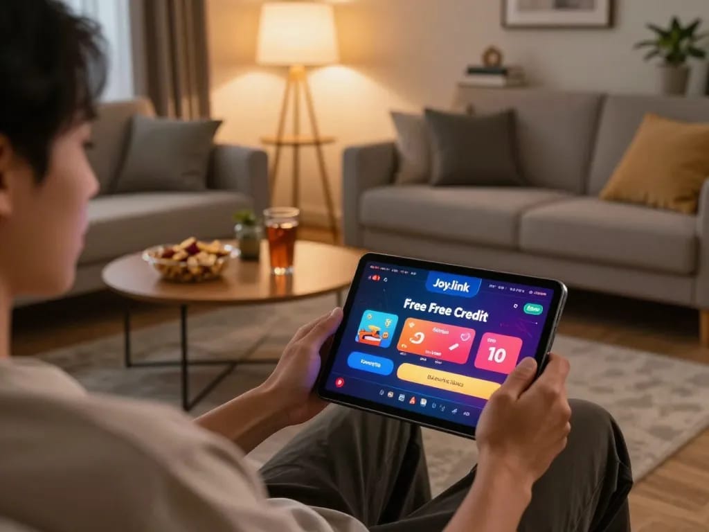Engaging with Joy.link free credit on tablet while relaxing at home, showcasing a comfortable gaming setup.