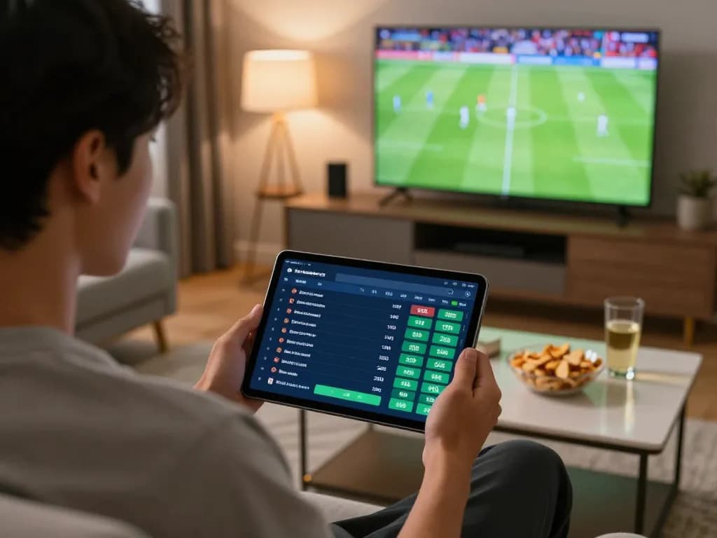 Kèo nhà cái betting enthusiast updates odds on a tablet during a live football match.