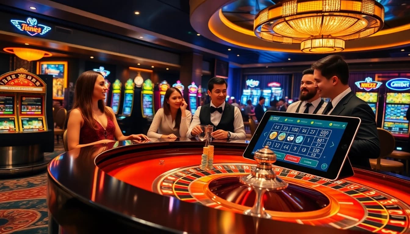Experience the thrill of winning at mm88bet with an elegant roulette table and enthusiastic players.