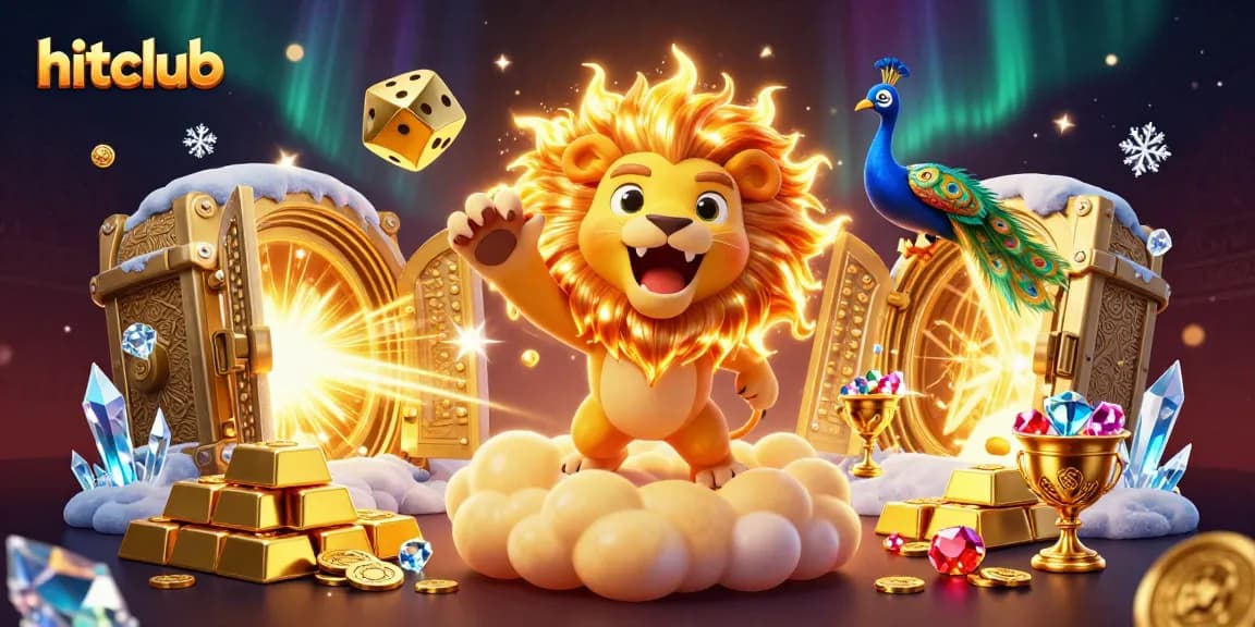 Experience thrilling wins at hitclub with enchanting visuals of a roaring lion amidst golden luck and vibrant casino elements.