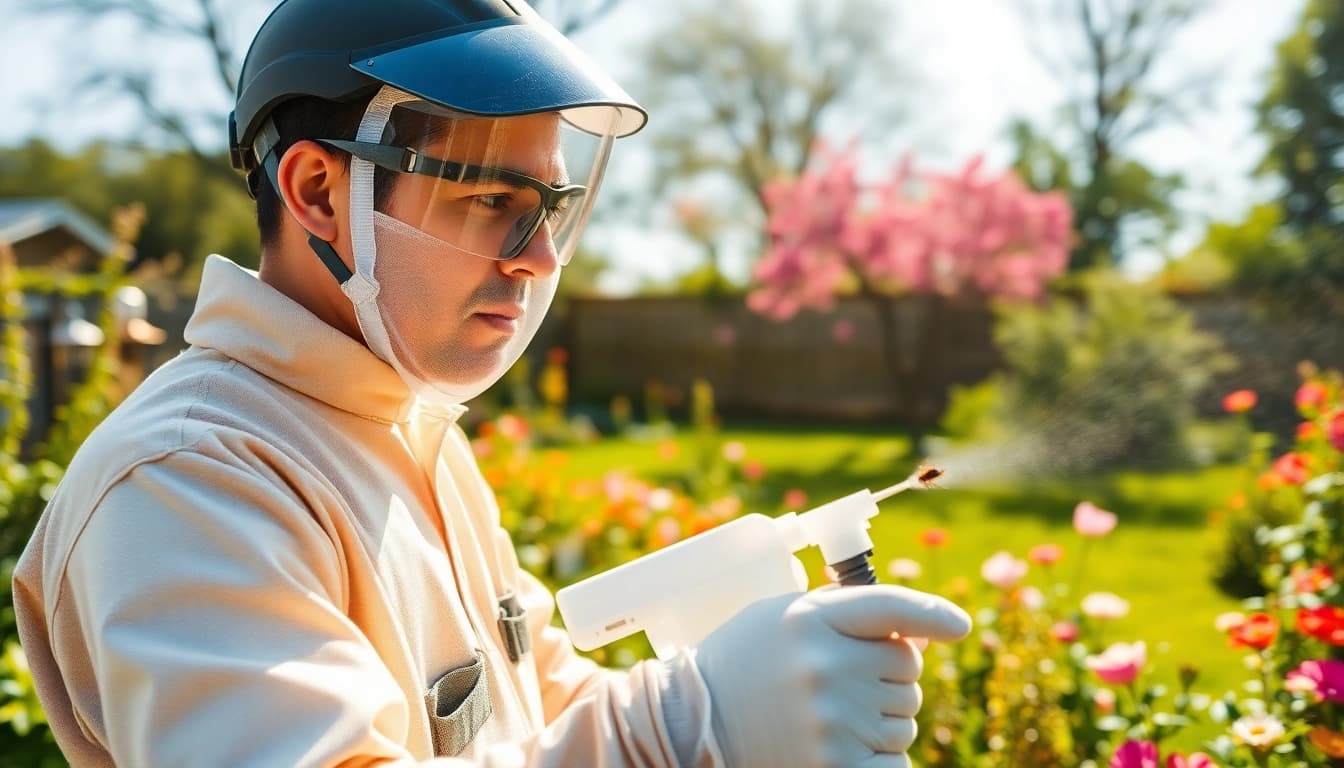 Preventive insect spraying by a technician in a vibrant garden showcasing effective pest management.