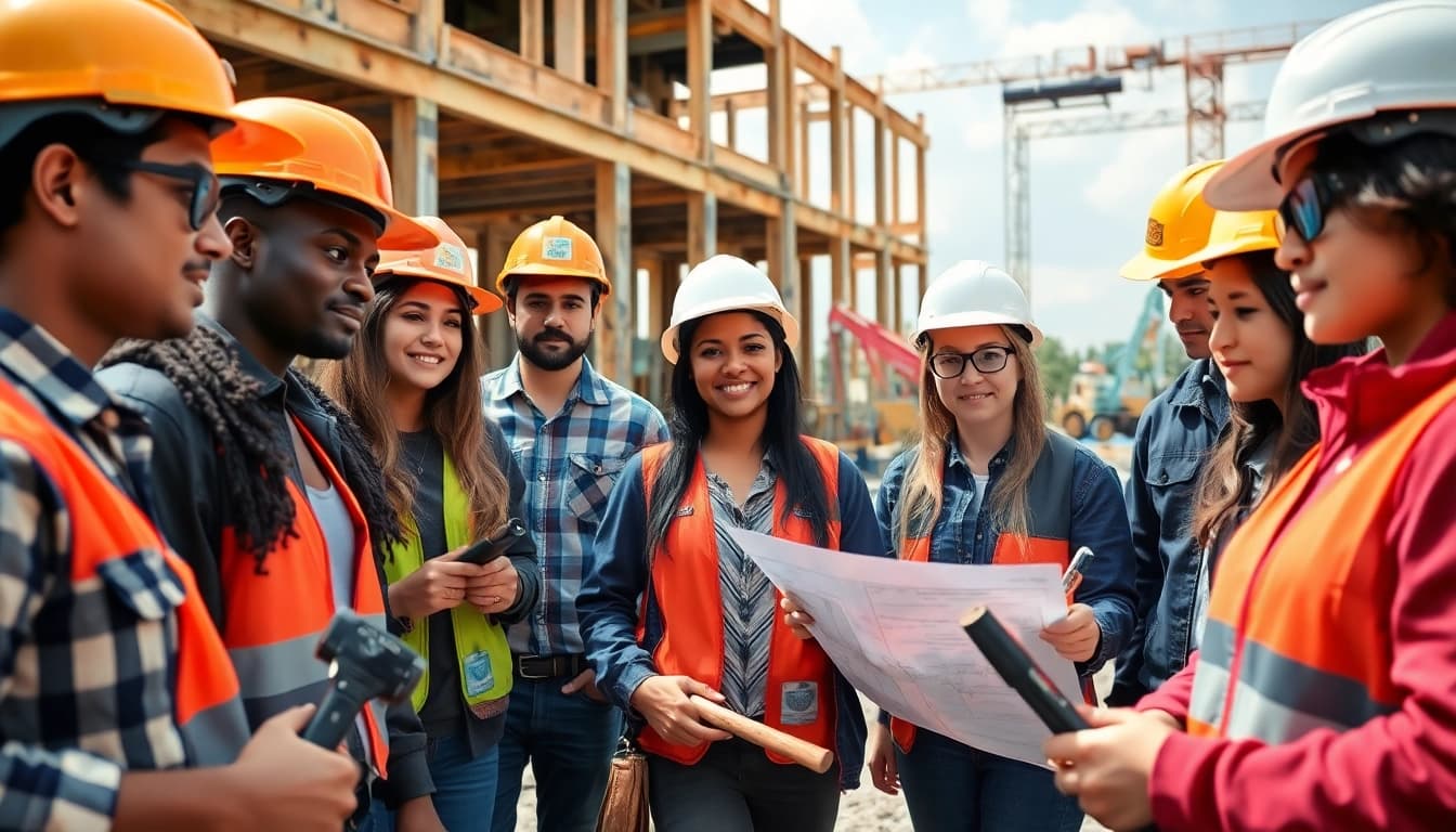 Engaged participants in construction apprenticeships carolinas collaborating on-site with tools and plans.