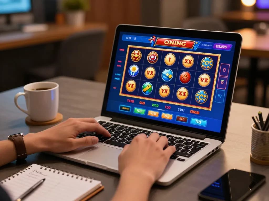 DEWATOGEL players strategizing on a high RTP slot game on a sleek laptop in a modern setup