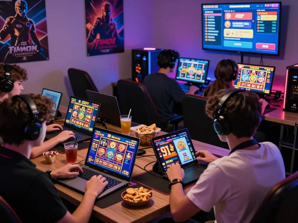 Suasana permainan online yang mendebarkan dengan pemain menikmati permainan slot laoban188 di berbagai perangkat dalam pengaturan yang meriah.