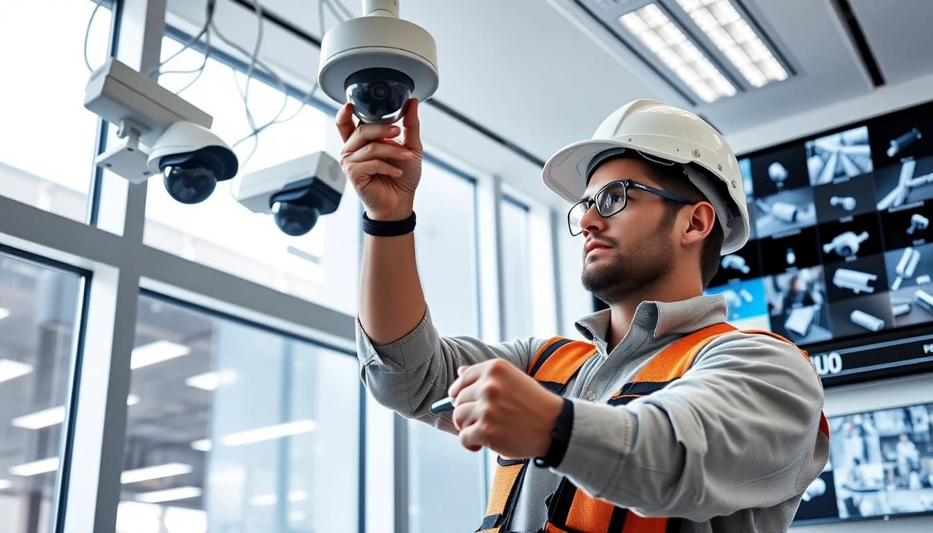 Instalación de cámaras de seguridad en un entorno de oficina moderno que refleja profesionalismo e innovación.