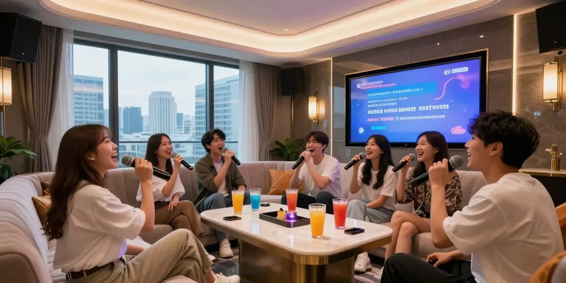 강남가라오케 정찰제를 안내하는 더 마이크룸 내부 모습, 프라이빗한 노래방 분위기
