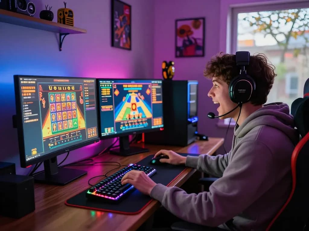 Exciting online gaming experience featuring a player engaging with lottery and slot games at https://bankssg.com/banking-news, showcasing a vibrant setup with LED lighting and gaming gear.
