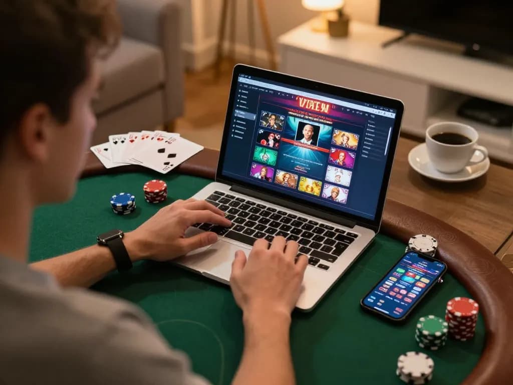 Engaging online poker gameplay at home, showcasing the dynamic interface of https://nk88.autos/ while promoting responsible gambling.