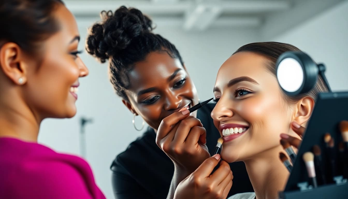 Wilmington Delaware makeup artist applying makeup to a model in a bright studio.