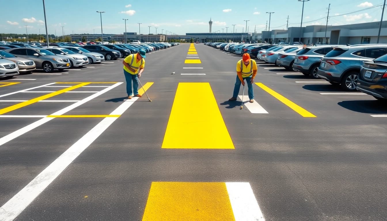 Parking lot striping Airport Road Jackson MS being done professionally with precision and care.