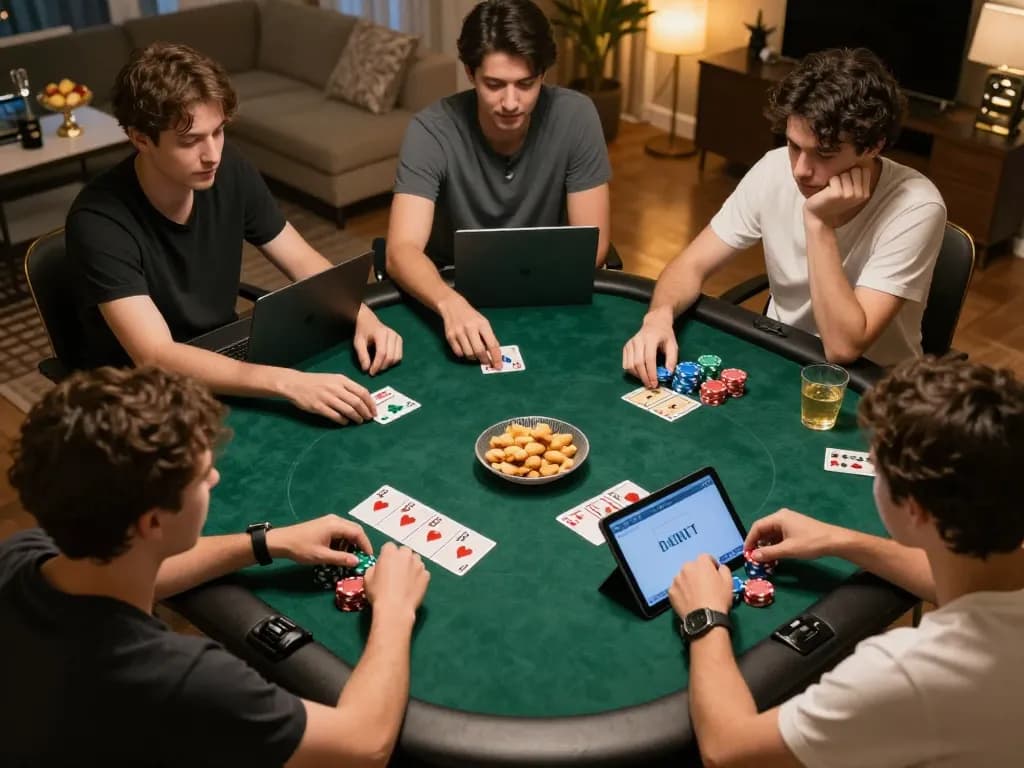 Engaging home poker night scene with active pub88 players evaluating hands and discussing strategies.