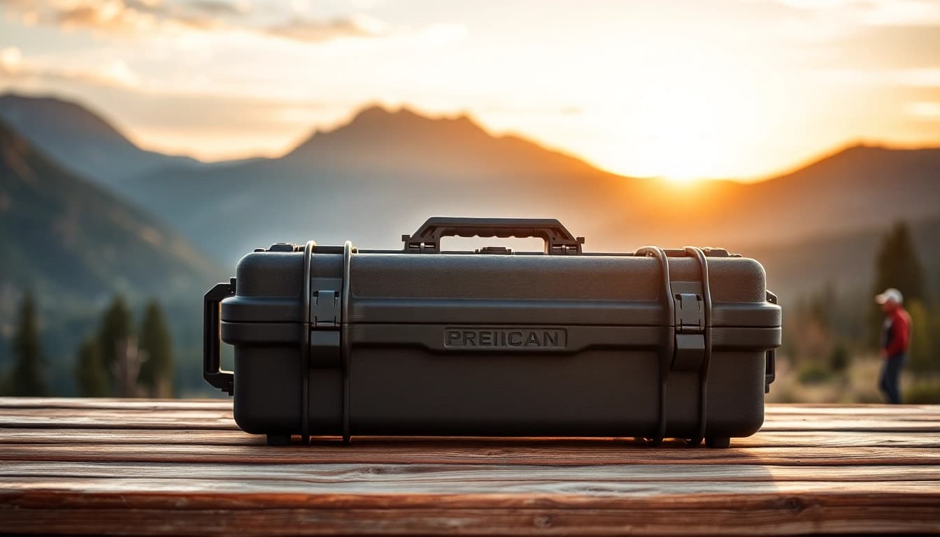 Showcased pelican rifle case with rugged features in a scenic outdoor setting.