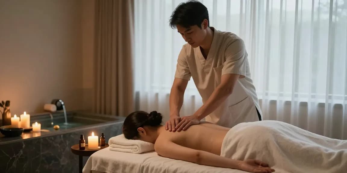 포항마사지 전문 남성 테라피스트가 아로마 테라피 환경에서 고객에게 마사지하는 모습