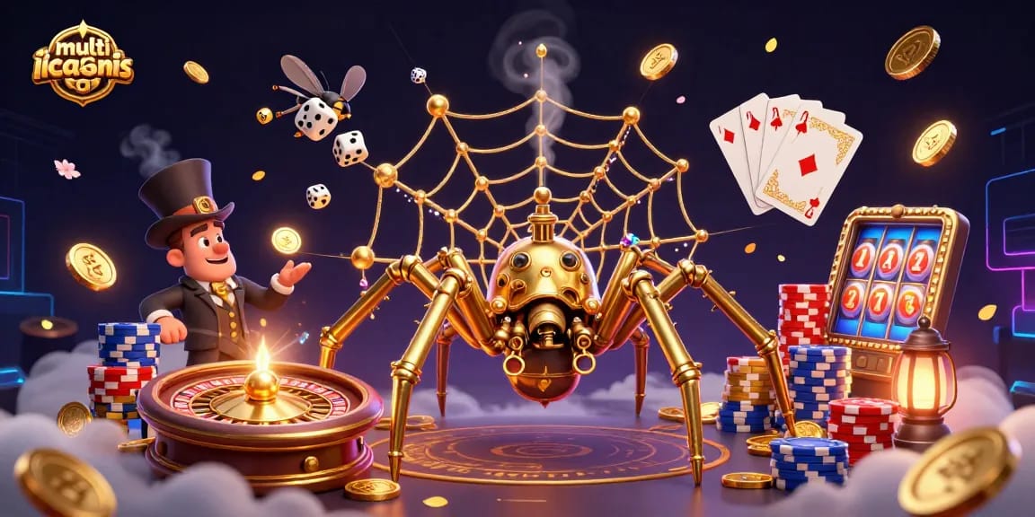 Engage with multicanais as a golden spider captures dice, showcasing immersive gaming and excitement.