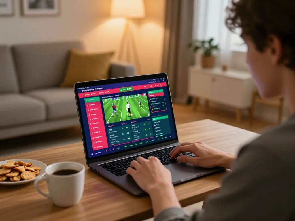 Online gambler strategizing on betting app for Ok9 in cozy home setting.