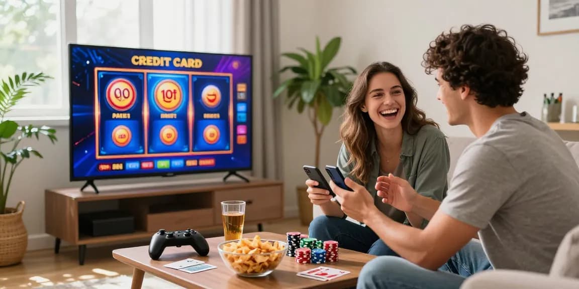 Engaged couple playing games at credit card casinos in a modern living room, showcasing fun, comfort, and excitement.