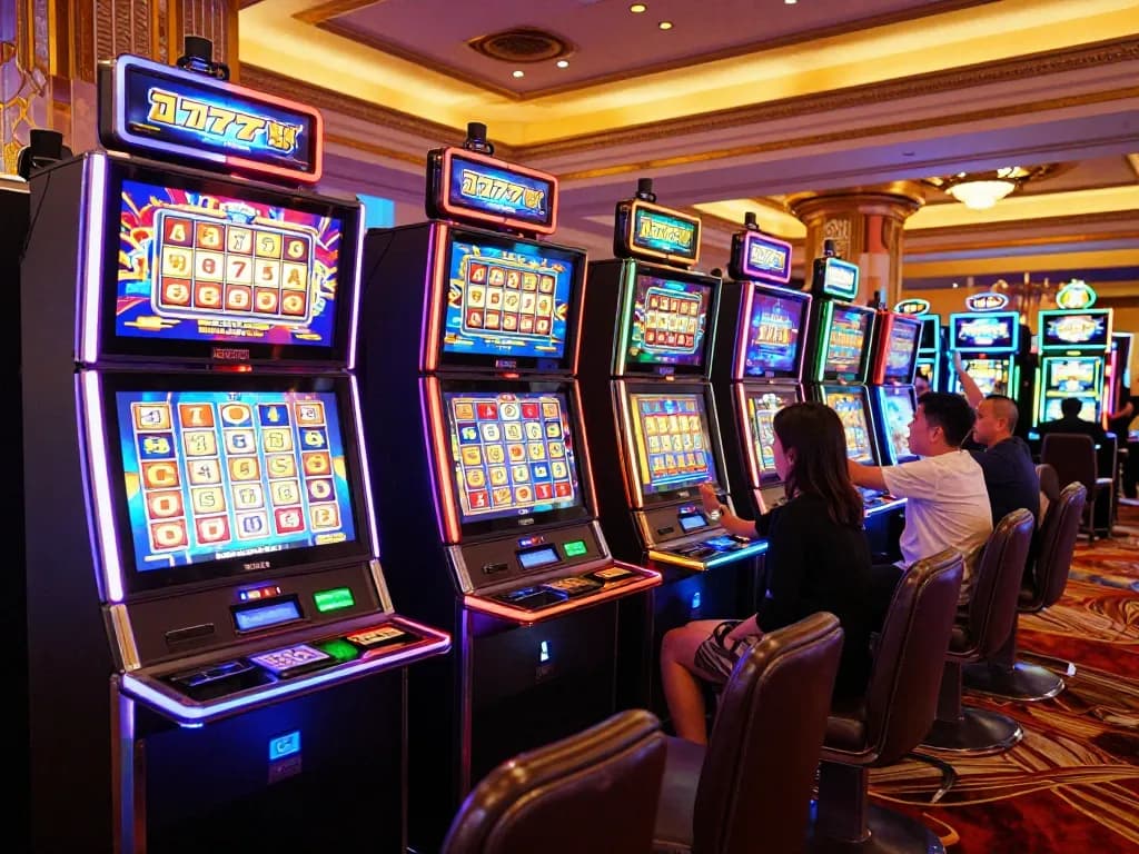 Players actively enjoying slot777 games with colorful machines in a vibrant casino atmosphere