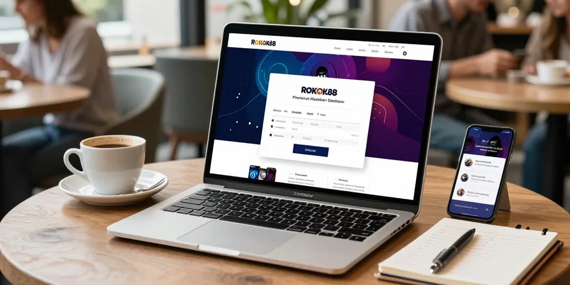 User logging in to https://rokok88vip.com on a sleek laptop with a stylish café backdrop, enhancing the premium experience.