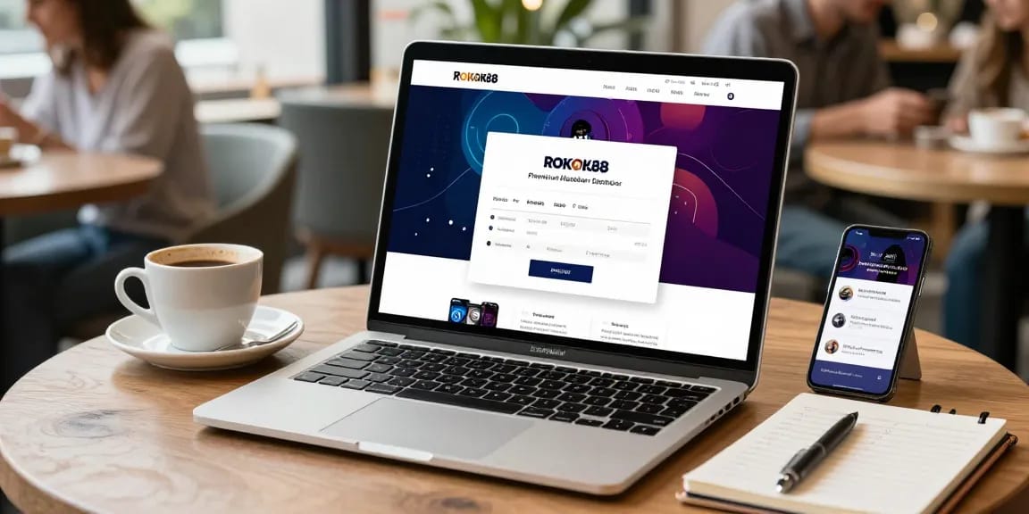 User logging in to https://rokok88vip.com on a sleek laptop with a stylish café backdrop, enhancing the premium experience.