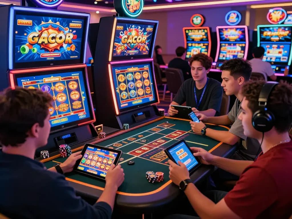 Excited players engaging with slot gacor games in a vibrant online casino atmosphere, showcasing high-tech gaming technology.