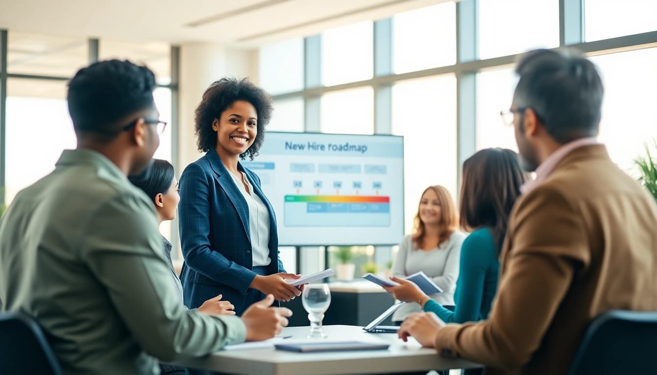 Showcasing new hire jobs discussion among a diverse professional team in a bright office setting.