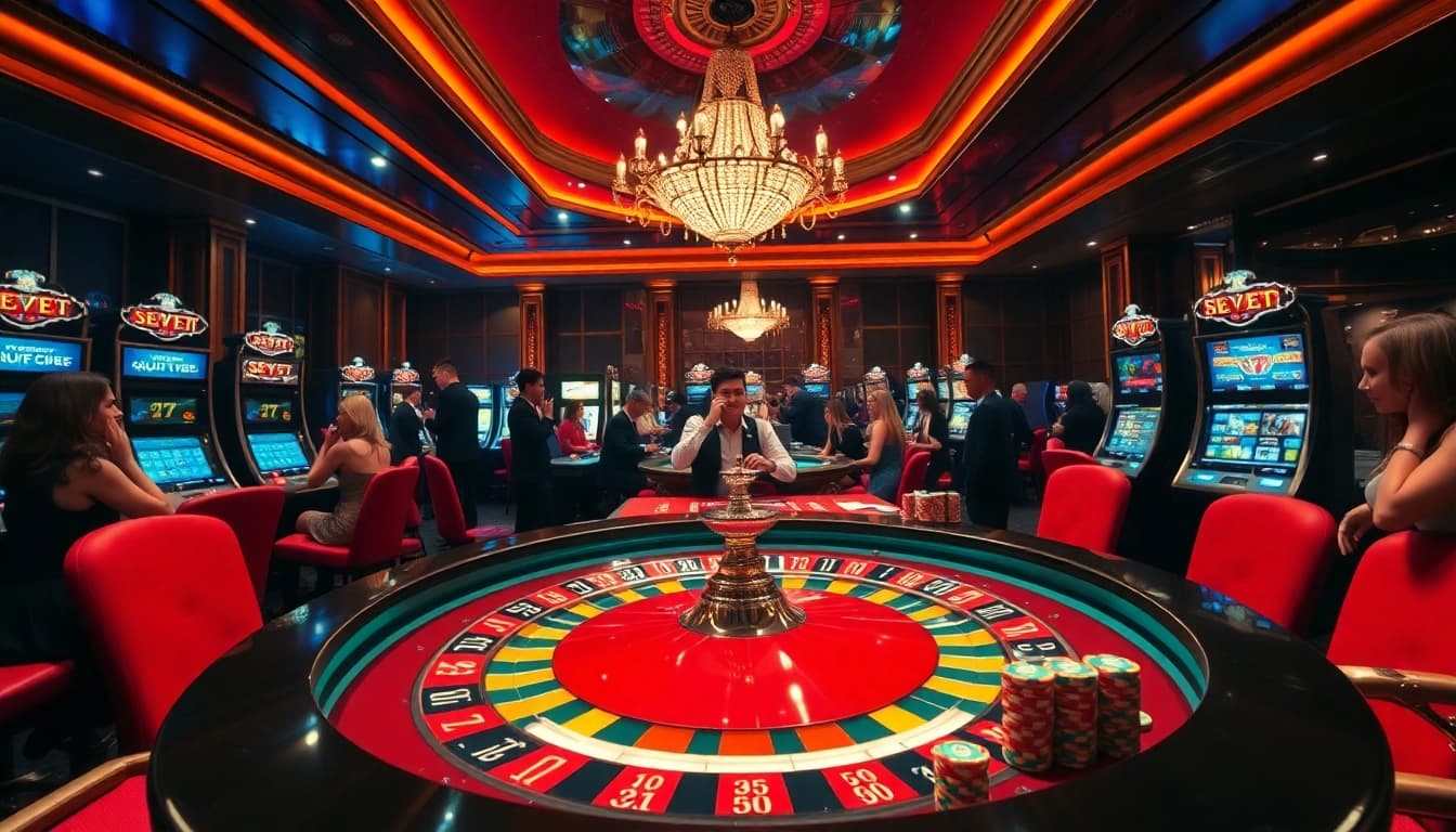 Experience the thrill of seven77 at an upscale casino with roulette and slot machines.