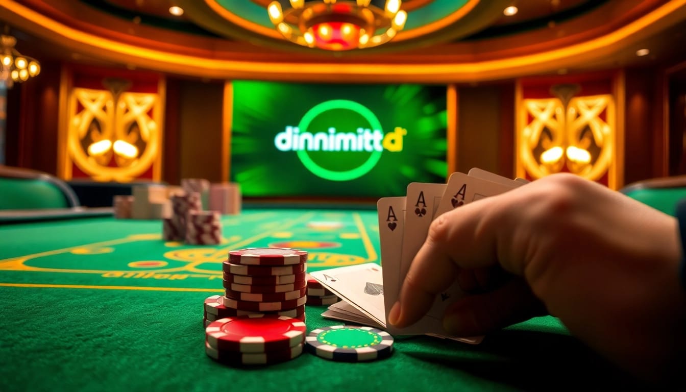 Experience the thrill of dinamit4d at an exciting casino table with vibrant poker chips and cards.