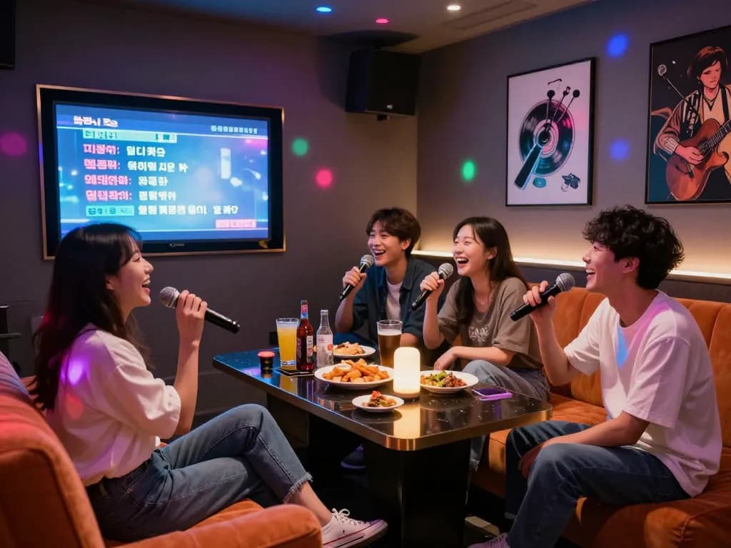 LED 조명이 있는 활기찬 개인실에서 노래방을 즐기는 친구들 그룹.