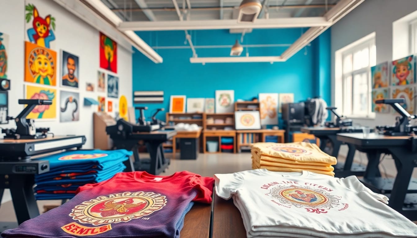 Showcasing t shirt printing edmonton with vibrant designs and a colorful studio environment.