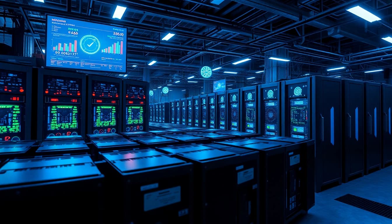 Crypto mining farm showcasing advanced ASIC rigs and digital analytics.