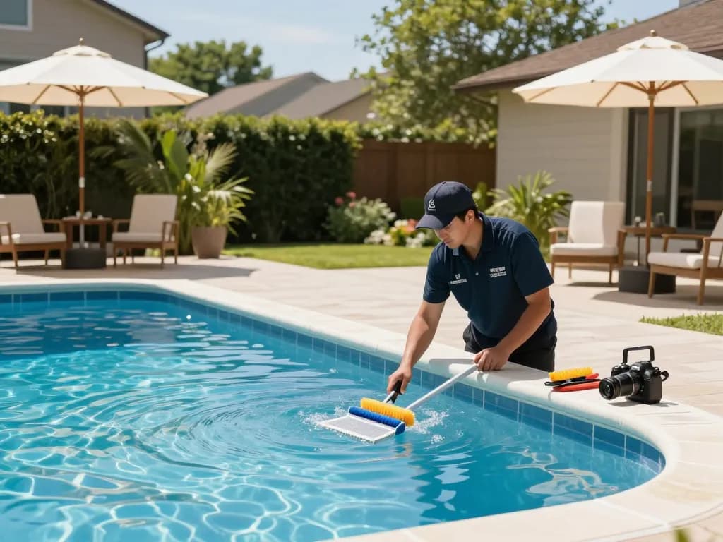 Dolphin Pool Services technician inspecting swimming pool with greenery around in Virginia