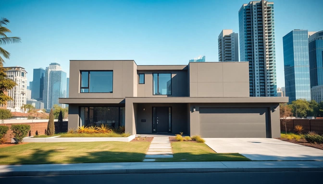 Showcasing a modern real estate property with an urban skyline backdrop, emphasizing luxury.