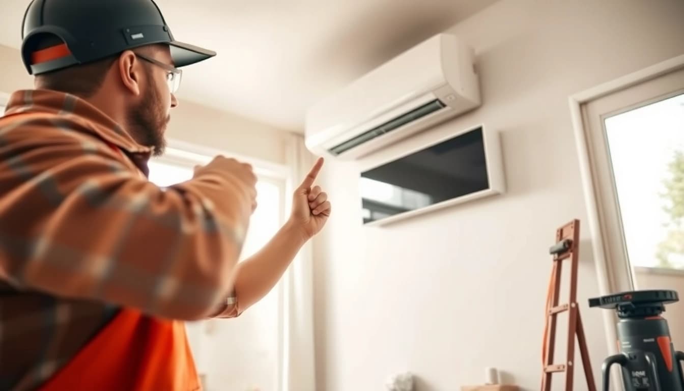 Technician performing ductless mini-split installation with tools in a bright living room.