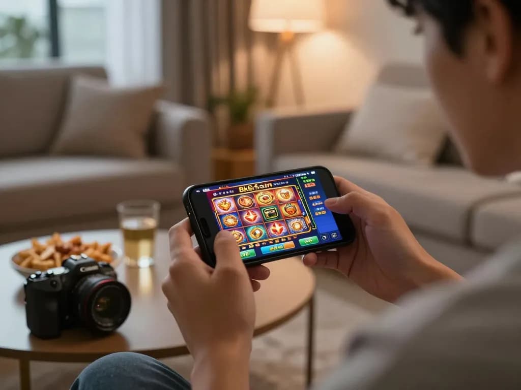 Engaging user experience on the 8k8.fan app for mobile casino gaming in a cozy home setup.