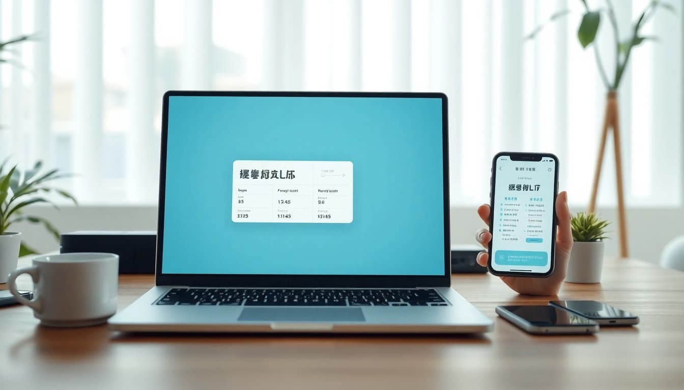 现代工作区笔记本电脑上的快连下载应用界面,强调无缝连接。