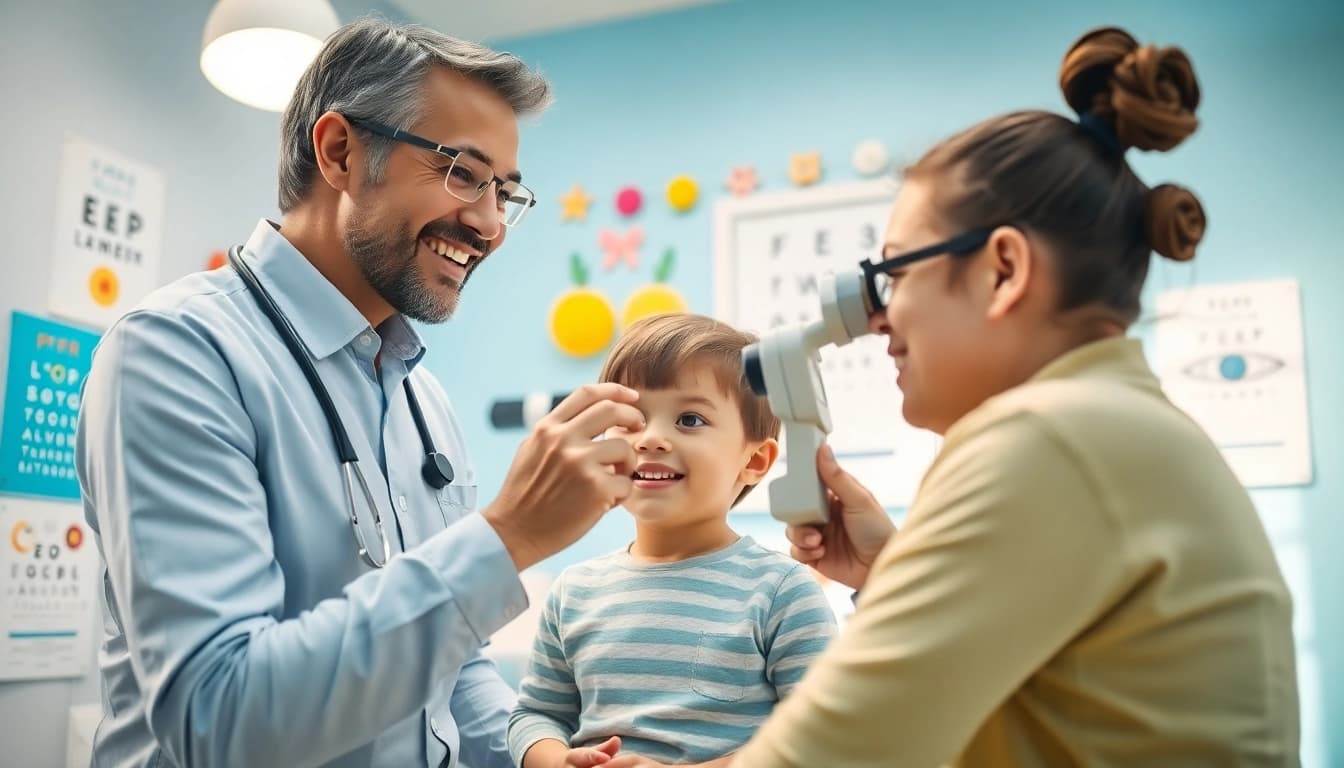 Engaging scene of Our Children's Vision eye test with a smiling optometrist and child in a bright clinic.