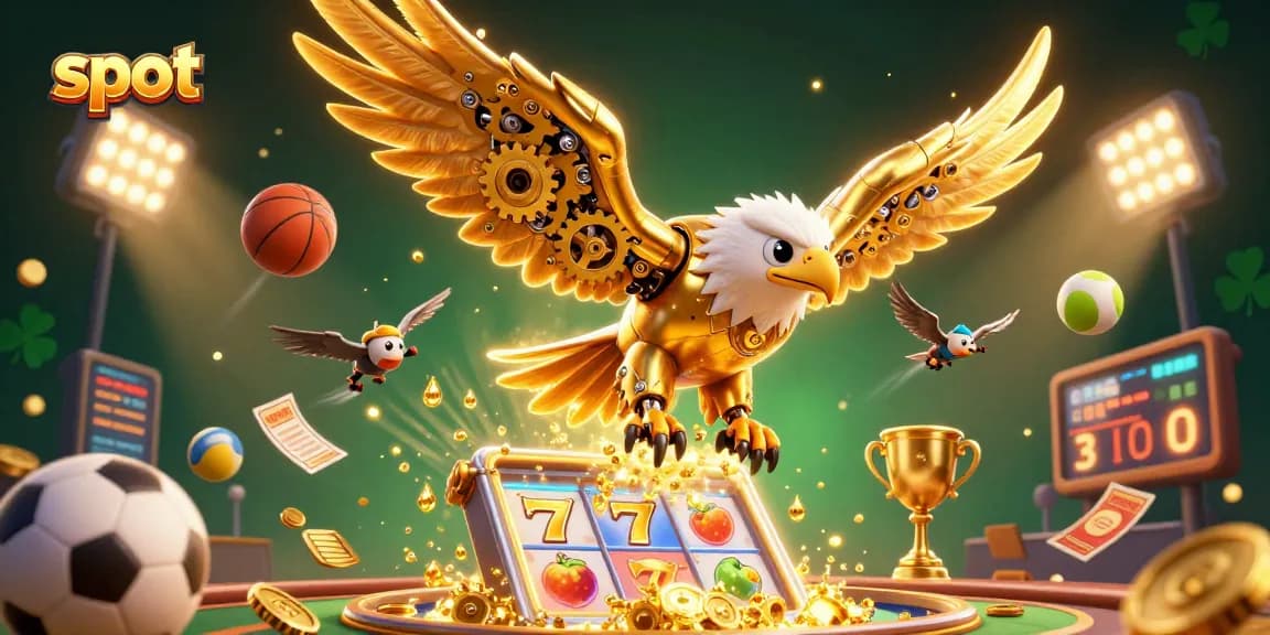 Spin slot reels with golden eagle and dynamic sports elements in a vibrant casino scene.