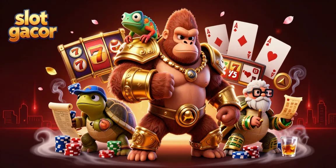 Slot gacor dengan simbol keberuntungan dan suasana kasino yang meriah pada ilustrasi 3D yang memikat.
