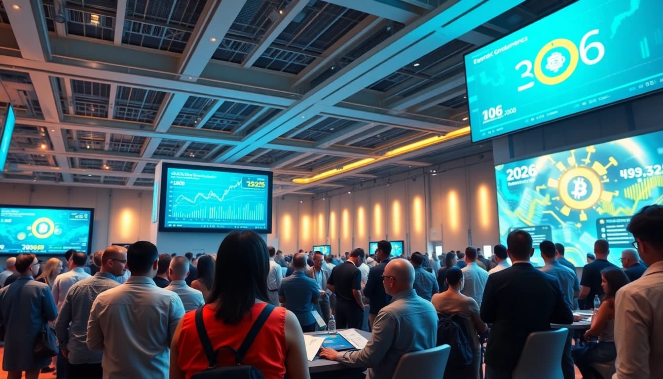 Futuristic cryptocurrency conference in 2026 featuring diverse participants and high-tech displays about Crypto 2026.
