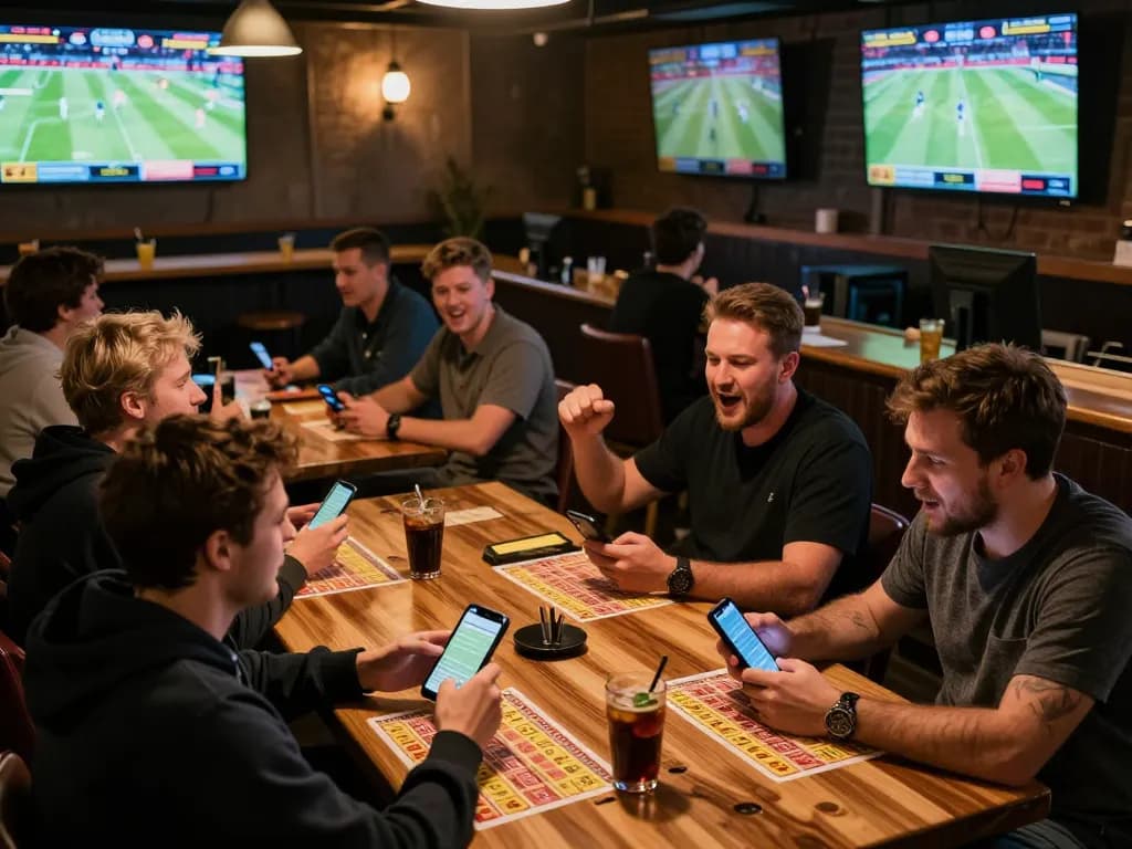 Engaged bettors strategizing bets on mobile apps in vibrant sports bar setting, showcasing 88i
