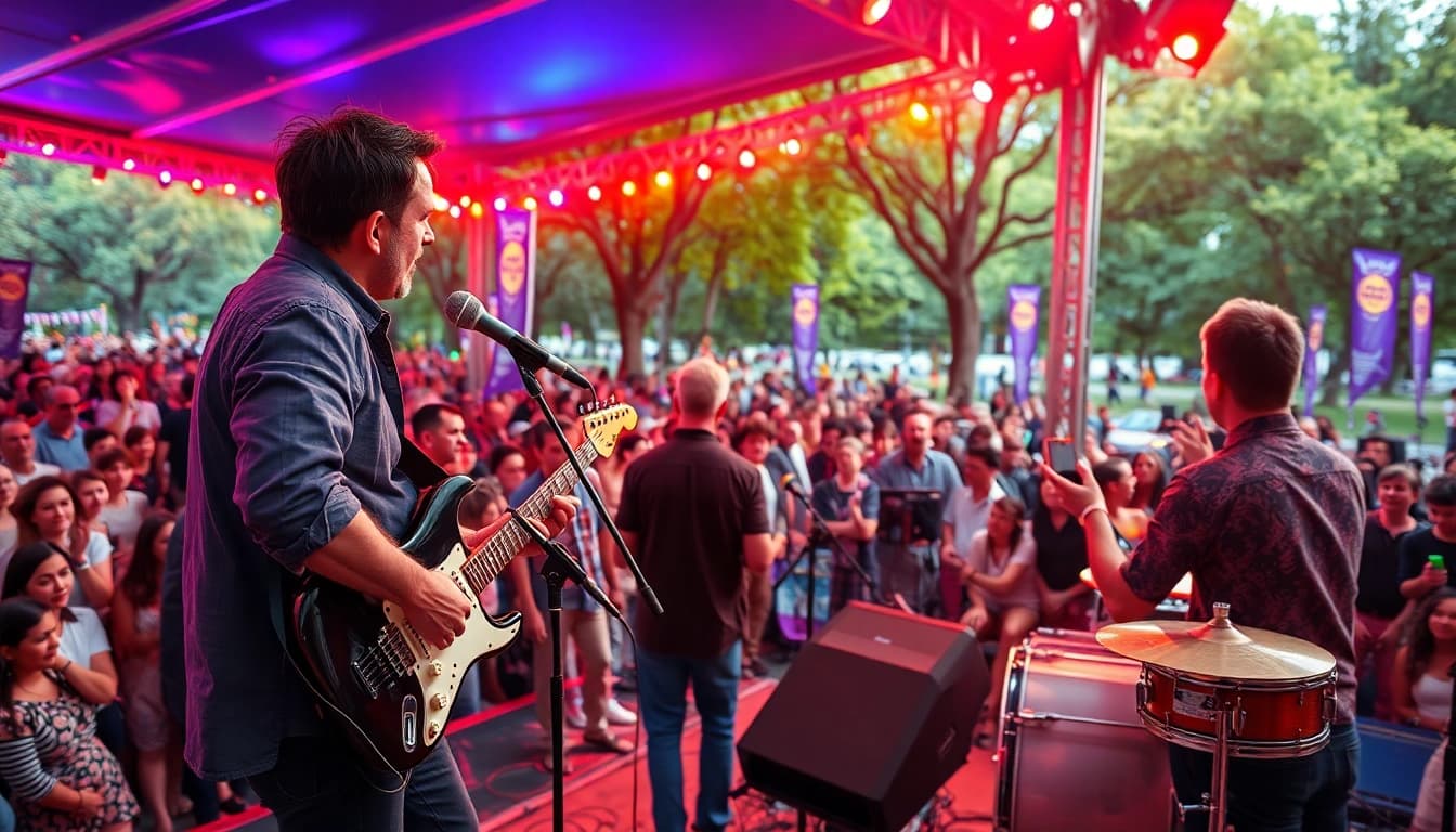 Kora live performance at an outdoor festival, showcasing vibrant musicians and an engaged audience.