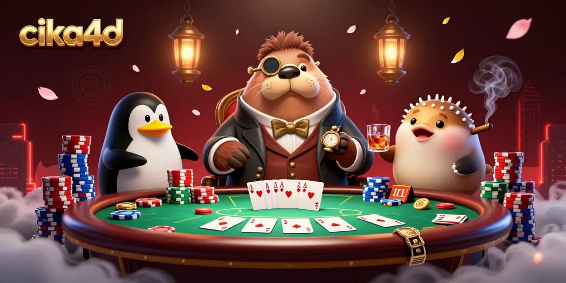 Cika4d platform showcases a lively underwater poker scene with a jolly walrus, sophisticated penguin, and bluffing pufferfish.