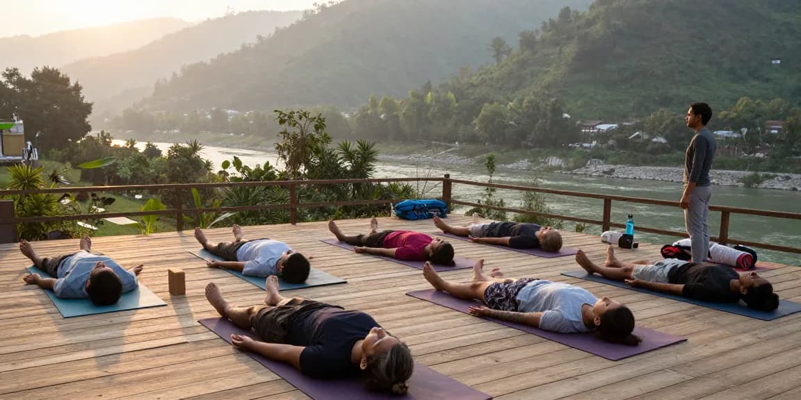 Participants in pranayama courses practicing breathwork at sunrise in Rishikesh, surrounded by mountains and nature's tranquility.
