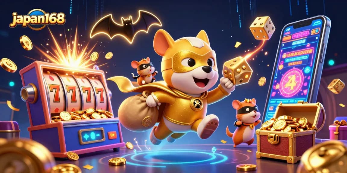 Experience the excitement of japan168 slots as a superhero dog flies with coins amidst vibrant casino elements.