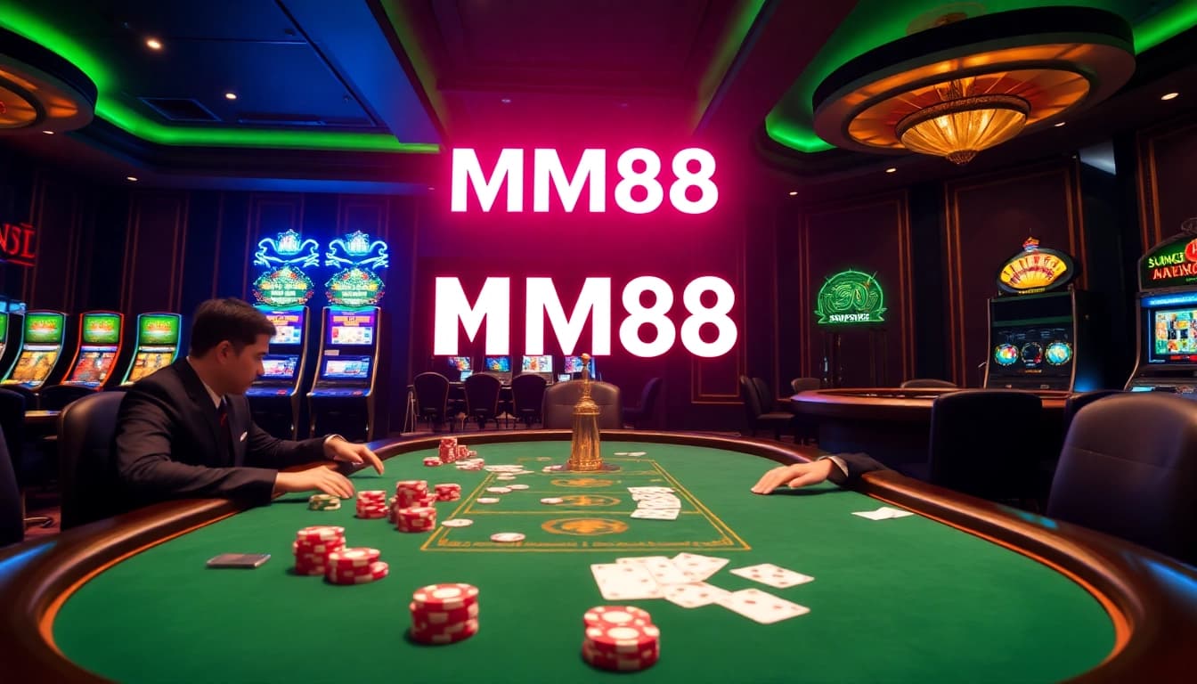Experience the excitement of MM88 in a vibrant casino setting, featuring poker games and slot machines.