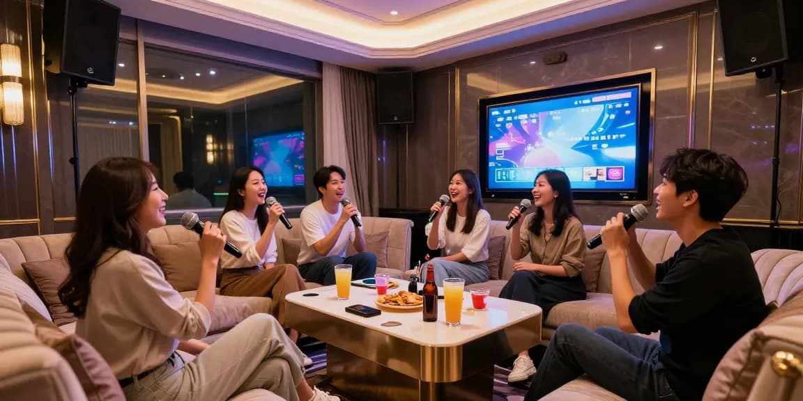 강남가라오케에서 프라이빗한 룸에서 노래를 즐기는 친구들 모습