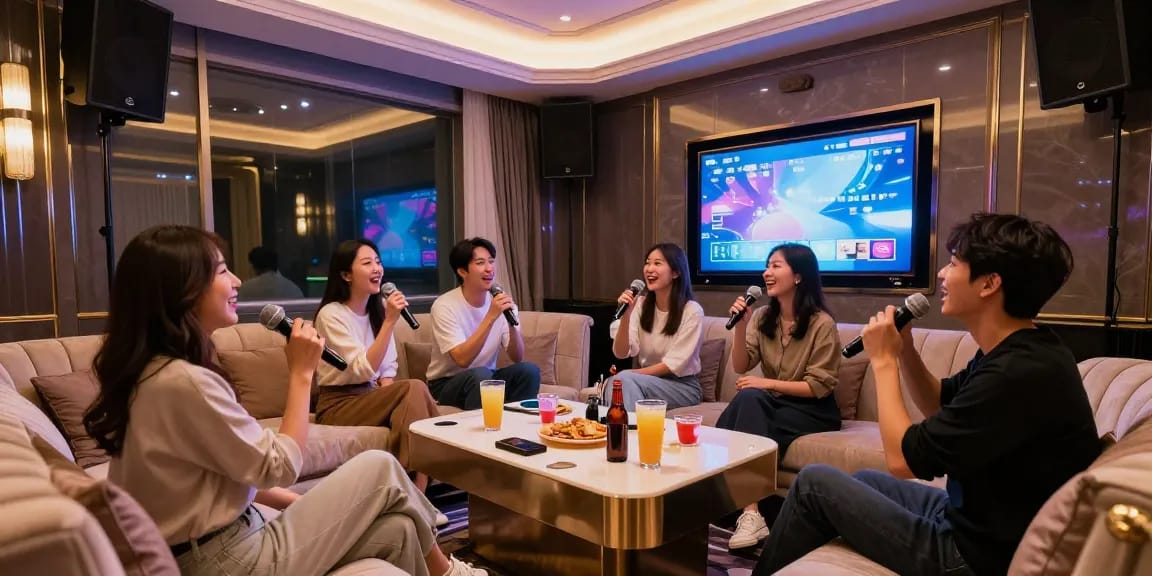 강남가라오케에서 프라이빗한 룸에서 노래를 즐기는 친구들 모습