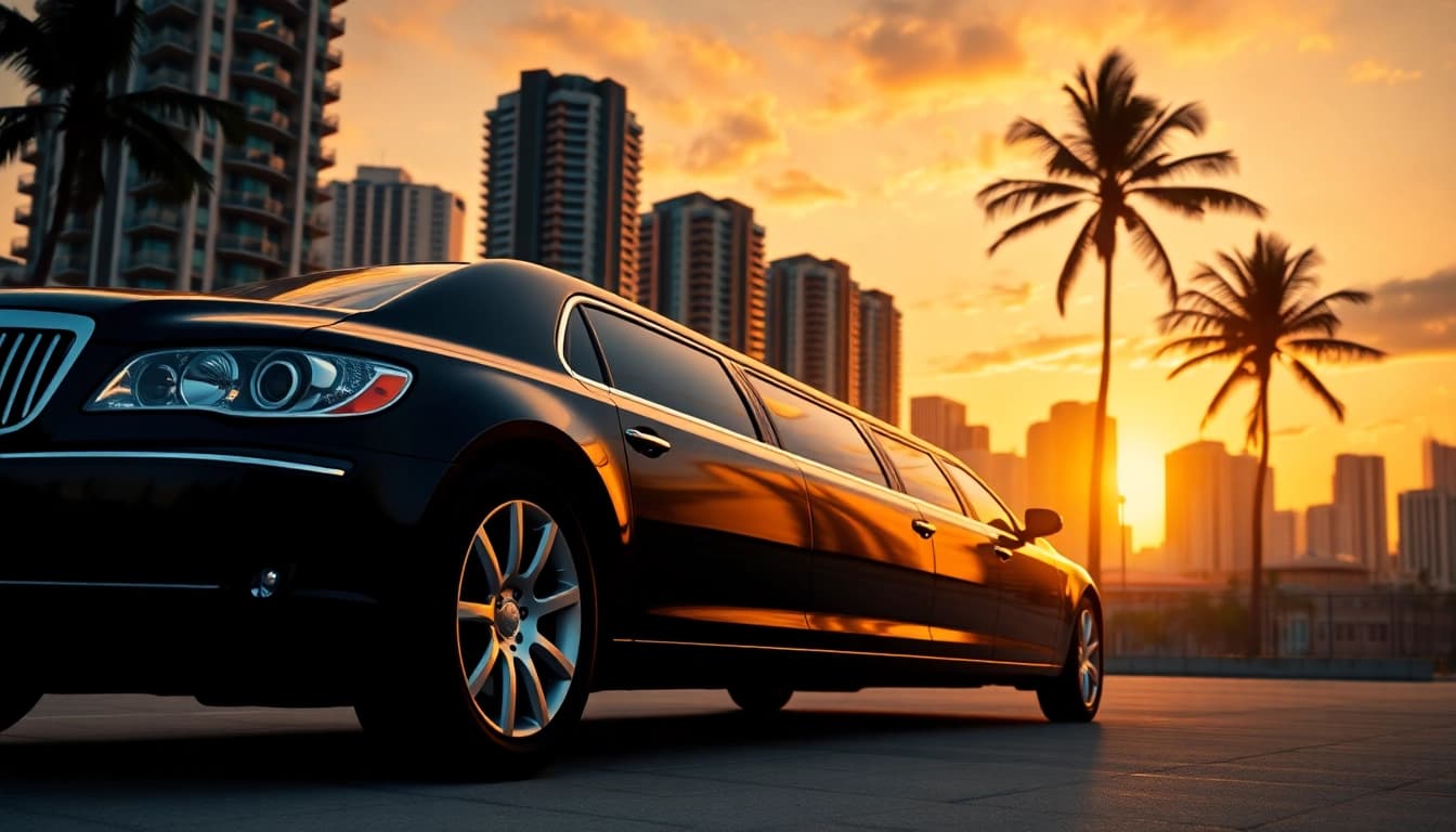 Limo service Miami FL with luxury vehicle against Miami skyline at sunset.