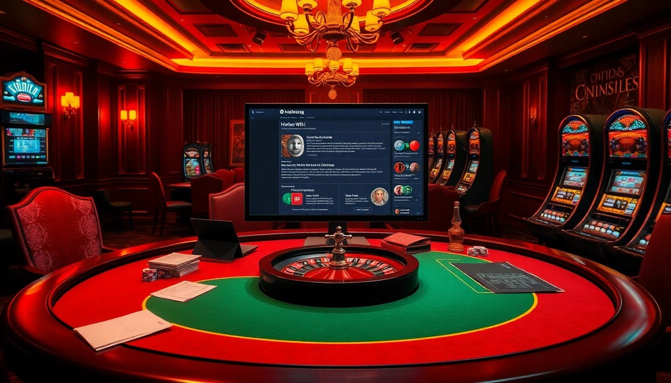 A thrilling casino scene featuring hidden wiki onion interface on a glowing screen amidst poker chips and dice.